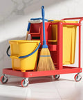 Heavy Duty 4 Inch Industrial Casters With Secure Rolling Brakes 3200 Lbs Capacity Polyurethane Treads Set Of Four on a cleaning cart.