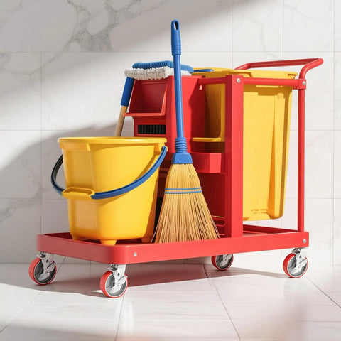 Heavy Duty 4 Inch Industrial Casters With Secure Rolling Brakes 3200 Lbs Capacity Polyurethane Treads Set Of Four on a cleaning cart.
