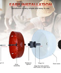 Exploded view of 4-inch hole saw kit for recessed lighting with dust catcher; red bi-metal saw, blue dust cover, drill.