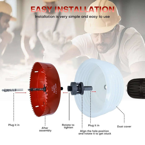 Exploded view of 4-inch hole saw kit for recessed lighting with dust catcher; red bi-metal saw, blue dust cover, drill.