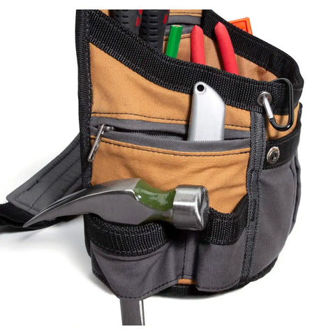 Close-up of 8 Pocket Padded Tool Belt And Utility Pouch With Adjustable 3 Inch Belt Tough As Nails Canvas Build In Tan And Grey