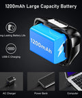 1200mAh battery for Two Pack Rechargeable LED Headlamps With 2000 Lumens, showing USB-C charging options, black and blue design.