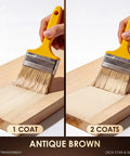Hella Tough Heavy Duty Outdoor Wood Stain And Sealer Combo For Deck Fence And Patio Furniture Water Based Fast Dry Low Odor Semi Transparent Antique Brown 32 Oz Can application with brush on wood.