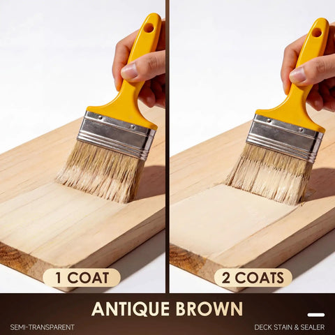 Hella Tough Heavy Duty Outdoor Wood Stain And Sealer Combo For Deck Fence And Patio Furniture Water Based Fast Dry Low Odor Semi Transparent Antique Brown 32 Oz Can application with brush on wood.