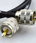 Close-up of RG8X Jumper Coax Cable 2 Ft 3 Pack UHF PL259 Male to Male Low Loss 50 Ohm for CB Ham Radio showing connectors.