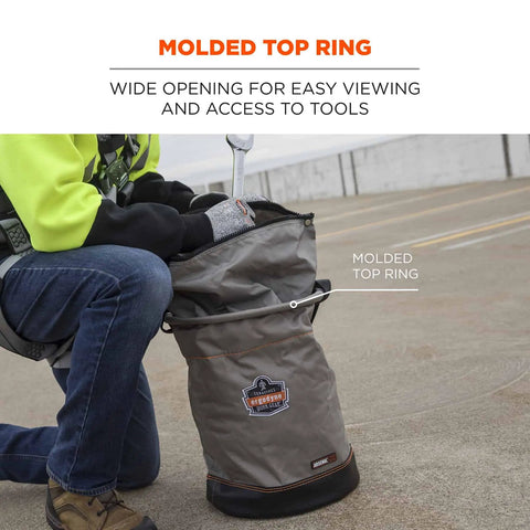 User using 5973 Large Nylon Hoist Bucket Tool Bag With D-Rings And Zipper Top Gray, Workhorse Build With 1200D Body