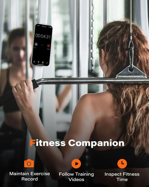 Female using MagSafe Gym Phone Mount With 17 N54 Strong Magnets Adjustable Strap 3 In 1 Phone Holder For Gym Equipment.