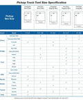 Chart showing compatible pickup models for 8-Foot Pickup Truck Bed Tent For Two, details on bed size requirements.