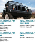 Jeep on rocky terrain with vehicle replacement compatibility list for Dodge, Chrysler, Jeep, RAM models
