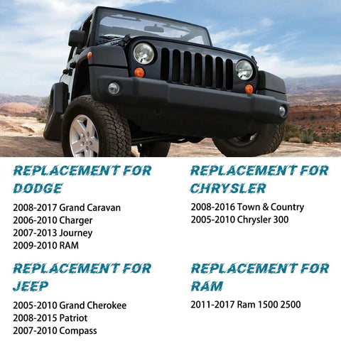 Jeep on rocky terrain with vehicle replacement compatibility list for Dodge, Chrysler, Jeep, RAM models