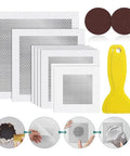 Eight Piece Aluminum Fiber Mesh Spackle Patch Kit For Drywall Repair Quick And Easy Wall Hole Fix DIY Friendly Includes 2, 4, 6, And 8 Inch Patches Durable Home Improvement Repair Solution with sanding discs and scraper tool.