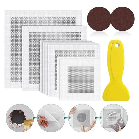 Eight Piece Aluminum Fiber Mesh Spackle Patch Kit For Drywall Repair Quick And Easy Wall Hole Fix DIY Friendly Includes 2, 4, 6, And 8 Inch Patches Durable Home Improvement Repair Solution with sanding discs and scraper tool.