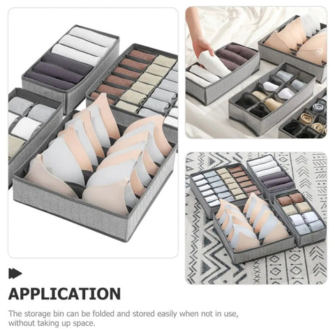 Four Piece Slick Underwear Storage Organizers Featuring Nifty Grid Layouts For Foldable Oxford Fabric Drawer Bins And Wardrobe Packing Boxes keeping bras and socks neat in storage.