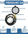 Fuel pressure test kit with gauge 0-140 psi, dual scale, rubber nylon hose and brass fittings.
