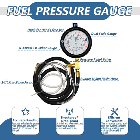 Fuel pressure test kit with gauge 0-140 psi, dual scale, rubber nylon hose and brass fittings.