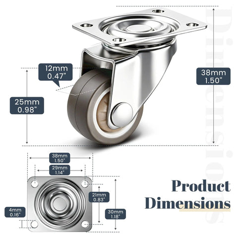 Smooth Operator 1 Inch Silent Rubber 360 Degree Swivel Plate Casters dimensions illustration showing sizes and details.