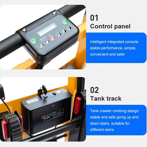 Control panel and tank track of Powerful Electric Stair Climbing Dolly With Adjustable Speeds And Strong 440 Pound Max Load Capacity.