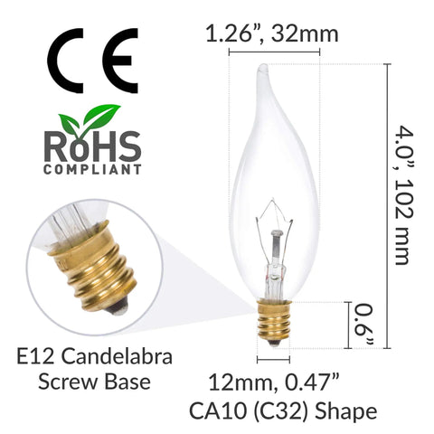 Flame Tip Clear CA10 Candelabra Light Bulbs 25W E12 Base 12 Pack For Chandeliers Ceiling Fans Pendants And Wall Sconces Dimmable 120V Warm White 2700K Incandescent Decorative Lighting Home Decor