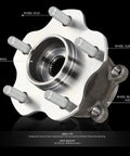 Rear Wheel Bearing Hub Assembly For 2014-2017 Nissan Juke And 2014-2019 Rogue AWD OEM Replacement With Steel Construction Interchange 512535 And OEM 43202-4BA0B 43202-4BF0A with labeled parts on a black background.