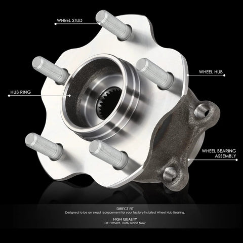 Rear Wheel Bearing Hub Assembly For 2014-2017 Nissan Juke And 2014-2019 Rogue AWD OEM Replacement With Steel Construction Interchange 512535 And OEM 43202-4BA0B 43202-4BF0A with labeled parts on a black background.