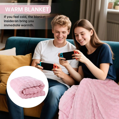 Couple using Two In One Travel Blanket And Pillow Ultra Soft And Compact For Airplane Travel With Luggage Strap And Clip Pink 61 By 43 Inches.