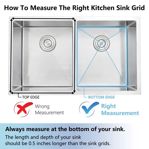 Diagram showing correct and incorrect techniques to measure for Heavy-Duty Stainless Steel Sink Grid Protectors For Single Bowl Kitchen Sinks.