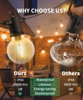 Comparison of Lit 50 Foot Outdoor LED String Lights With 27 Plastic G40 Bulbs And 2 Spare, IP65 vs IP44 glass lighting.