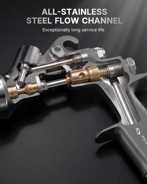 Cutaway view of Heavy Duty LVLP Auto Paint Sprayer showing all-stainless steel flow channel for durability and performance.