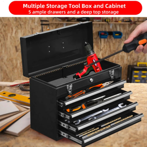 Open 20.5 Inch Portable Metal Tool Box With Four Ball Bearing Sliding Drawers Auto Lock Security showcasing tools inside