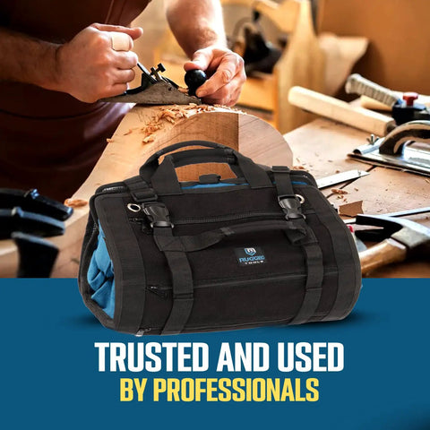 Titan23XL Tool Roll And Organizer Bag With 23 Pockets displayed in a workshop setting with woodworking tools.