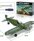 Metal Aircraft Building Kit For Kids 8 To 12 258 Piece STEM Construction Set With Nuts Bolts Screwdriver Wrench DIY Model Airplane Building Toy For Boys And Model Fans featuring green model airplane, tools, and packaging