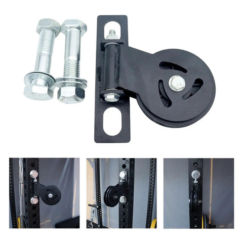 Rotatable Gym Cable Pulley Block for Squat Racks and Home Gyms, Adjustable Weightlifting Pulley System Accessory shown with bolts