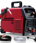 Front view of 55A Plasma Cutter With NonTouch Pilot Arc And Dual 120 240 Volt IGBT Inverter Large LED Display Half Inch Clean Cut Post Flow 2T 4T Built For DIY Newbies And Pro Projects showing LED display and attachments.