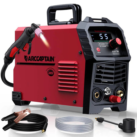 Front view of 55A Plasma Cutter With NonTouch Pilot Arc And Dual 120 240 Volt IGBT Inverter Large LED Display Half Inch Clean Cut Post Flow 2T 4T Built For DIY Newbies And Pro Projects showing LED display and attachments.