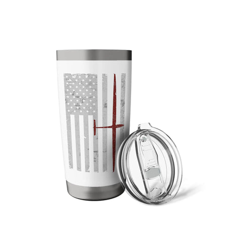 Airplane Pilot American Flag Design Stainless Steel Insulated Tumbler With Dual Wall Keeps Drinks Hot Or Cold Leak Proof Clear Slider Lid BPA Free White Finish
