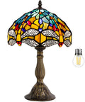 Sea Blue And Yellow Stained Glass Dragonfly Tiffany Table Lamp Dope Nautical Reading Desk Bedside Light For Bedroom Living Room And Home Office Decor 12 Inch Shade 18 Inch Tall UL Listed, shown with decorative lamp base and bulb.