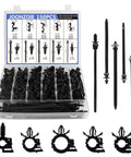 Gearhead Approved 150 Piece Wire Loom Clips Kit For Car Harness Routing With Ten Sizes, shown in black plastic case
