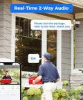 Delivery man using 2-way audio on 300 Degree Pan 90 Degree Tilt Security Camera System With Human Auto Tracking, smartphone interface visible