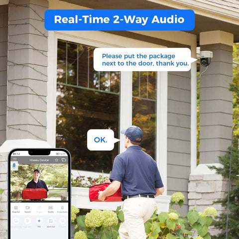Delivery man using 2-way audio on 300 Degree Pan 90 Degree Tilt Security Camera System With Human Auto Tracking, smartphone interface visible