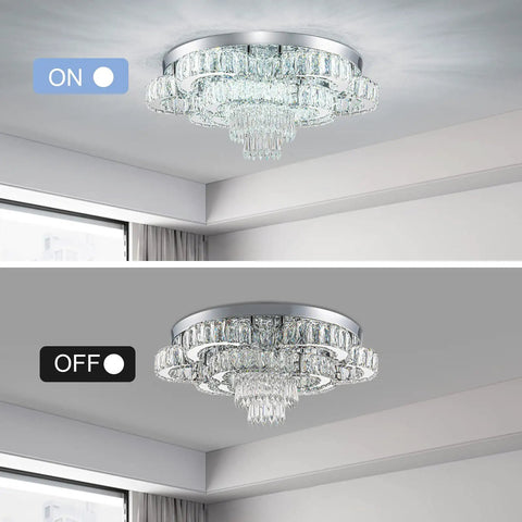21 Inch Crystal LED Flush Mount Chandelier With K9 Crystals And Polished Stainless Steel Showstopper Glow for living room.