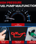 Image showing high pressure fuel pump malfunction warning with tachometer, key ignition, oil pressure sign, and fuel nozzle.