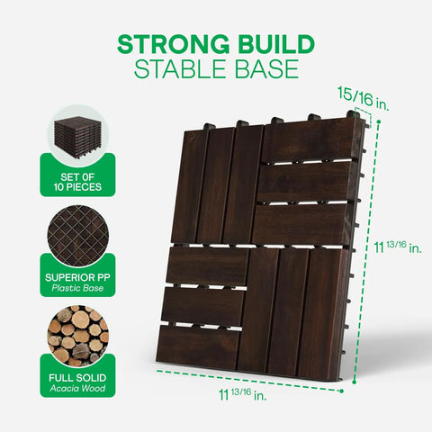 Interlocking Deck Tiles For Indoor And Outdoor Use Waterproof Acacia Wood Patio Tiles Dark Brown Checker Pattern 11.81 Inch Squares Set