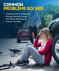 Woman sitting by car with unstable control, frustrated by strange noises, poor brake performance, uneven tire wear issues.