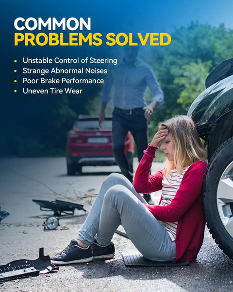 Woman sitting by car with unstable control, frustrated by strange noises, poor brake performance, uneven tire wear issues.