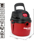 1.5 Gallon 2.0 Peak Wet Dry Vacuum For Quick Cleanups At Home, Garage, Or Vehicle, Portable Mini Vacuum shown with dimensions