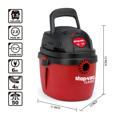 1.5 Gallon 2.0 Peak Wet Dry Vacuum For Quick Cleanups At Home, Garage, Or Vehicle, Portable Mini Vacuum shown with dimensions