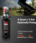 8 Quart DC 12V Hydraulic Power Unit With 3200 PSI Max, 0.91 GPM Flow, Double Acting Pump and dump trailer illustration