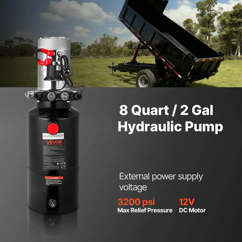 8 Quart DC 12V Hydraulic Power Unit With 3200 PSI Max, 0.91 GPM Flow, Double Acting Pump and dump trailer illustration