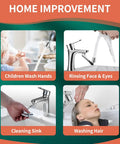 Home improvement image with 1080 Degree Swivel Faucet Extender showcasing washing hands, rinsing face, cleaning sink, washing hair.