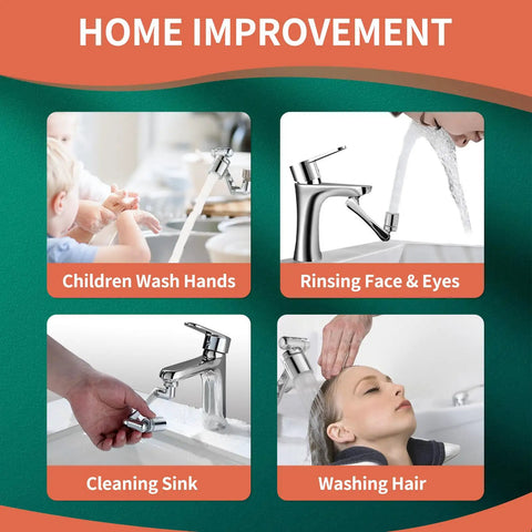 Home improvement image with 1080 Degree Swivel Faucet Extender showcasing washing hands, rinsing face, cleaning sink, washing hair.